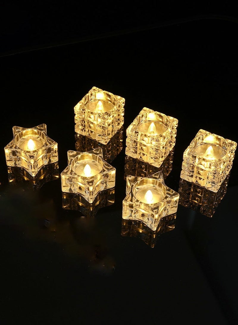 Macaiiroos مجموعة من 6 شموع LED، شموع إلكترونية بدون لهب، تعمل بالبطارية، شموع بدون لهب على شكل نجمة ومكعب. شموع رومانسية بيضاء دافئة، مناسبة لخلق جو احتفالي، مناسبة للمنزل، المنتجعات الصحية، الشمعدانات الداخلية والخارجية، ذكرى الزواج، تزيين طاولات الزفاف، الجنازات، الهالوين، وغيرها، لون أبيض. - Image 3